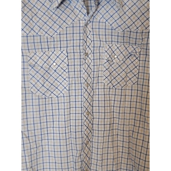 Wrangler Wrancher Short Sleeve Pearl Snap Shirt Size Medium White Blue Plaid - Picture 4 of 5